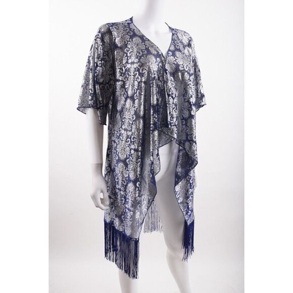 LulaRoe Womens Monroe Fringe CoverUp Duster Shawl Top S Small Blue Silver NWT - Picture 2 of 6